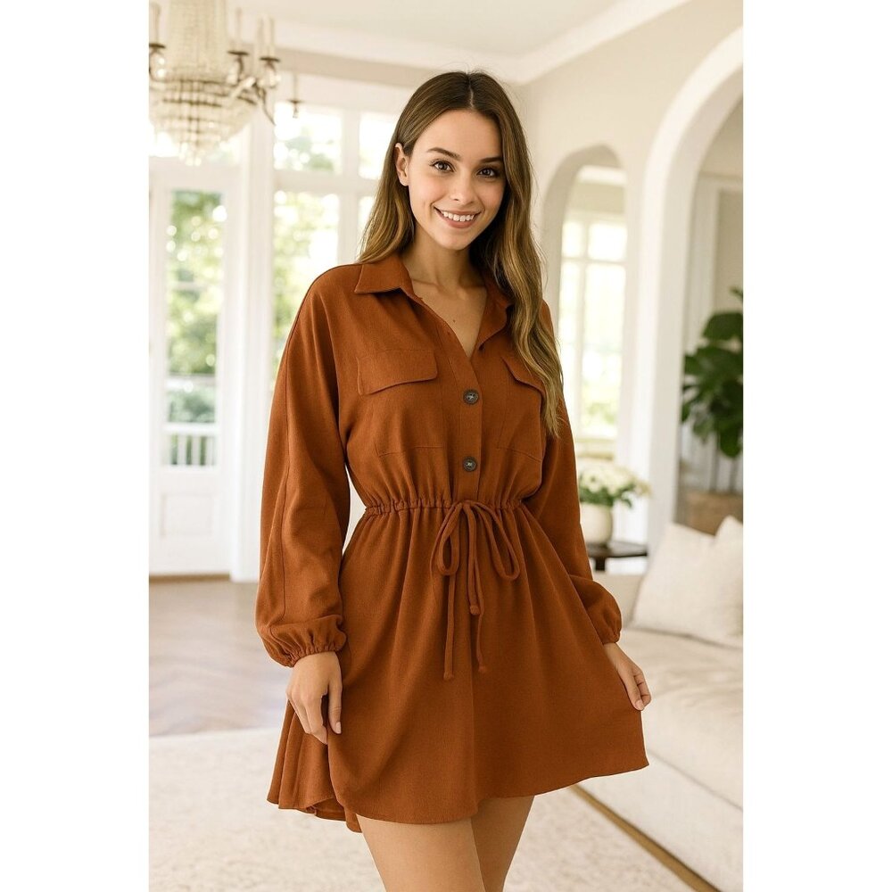 Large Oversized Collared Button Front Long Sleeve Mini Shirt Dress Burnt Orange